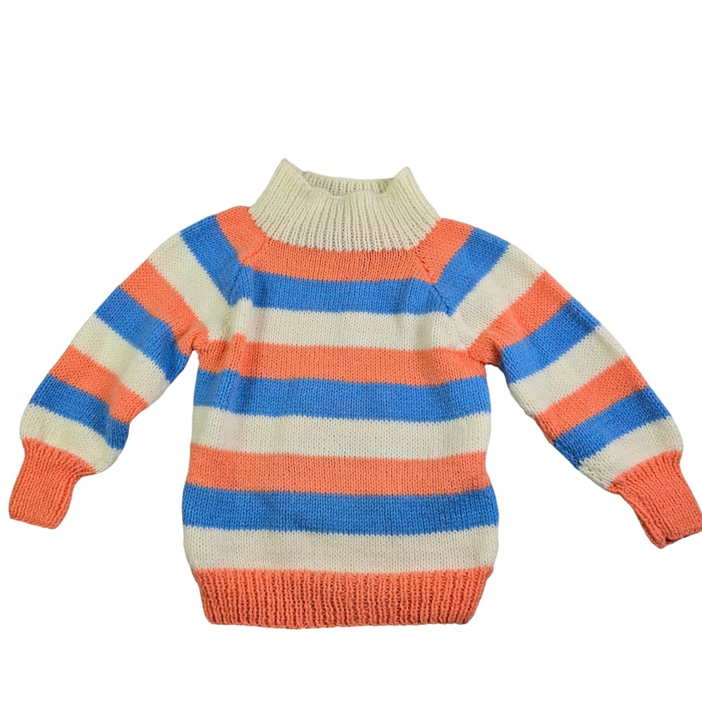 Vintage Striped Knit Sweater Youth Girls S/M Pink Blue Mock Neck Retro Pullover